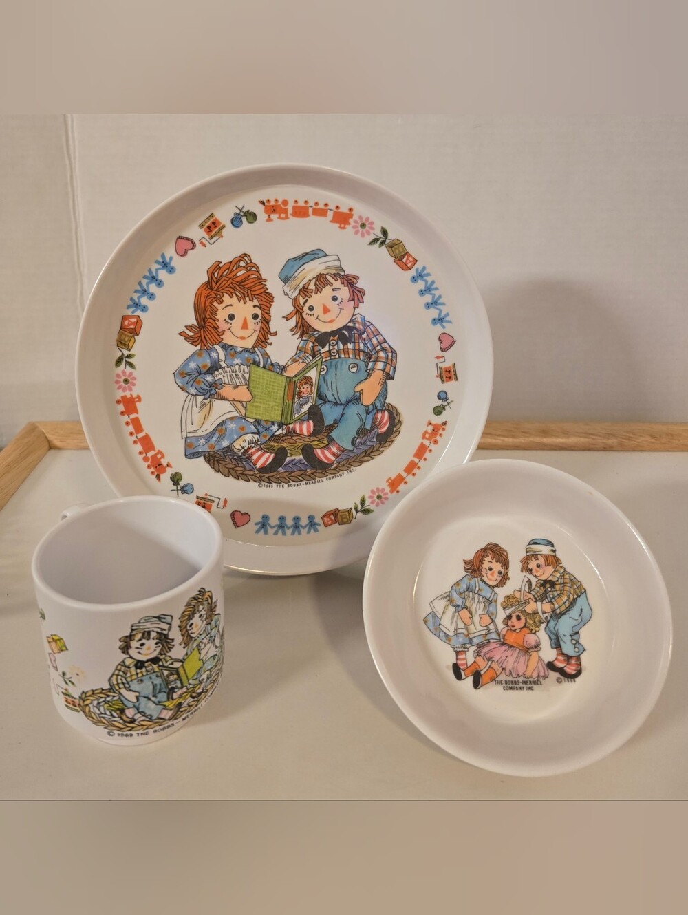 Vintage 1969 Raggedy Ann & Andy 3-Piece Melamine Child Dish Set Oneida Deluxe